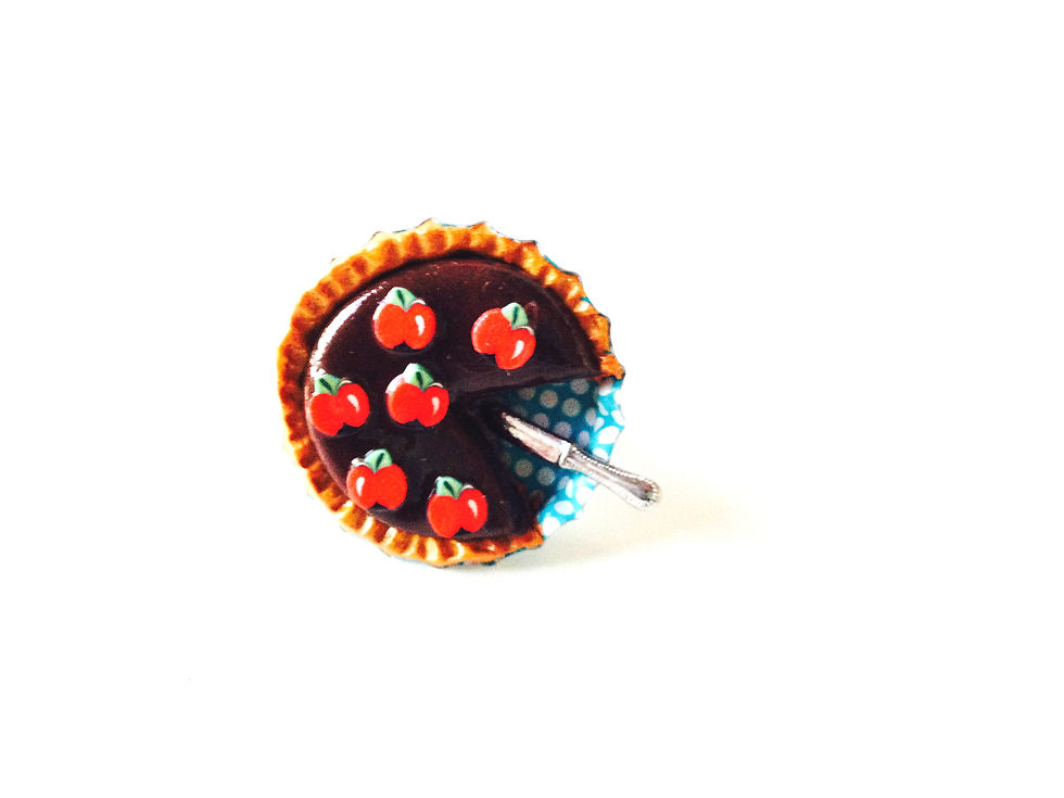 Thumbnail: Bague tarte CHOCOLAT POMMES miniature moule pois bleu turquoise