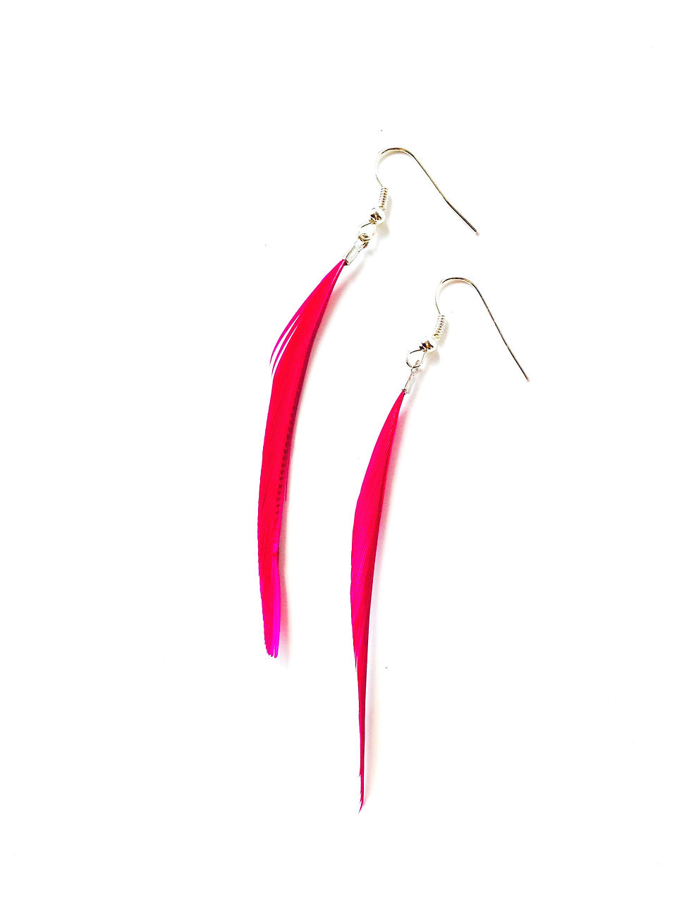 Thumbnail: Handmade ultra thin feather dangle earrings fuchsia pink