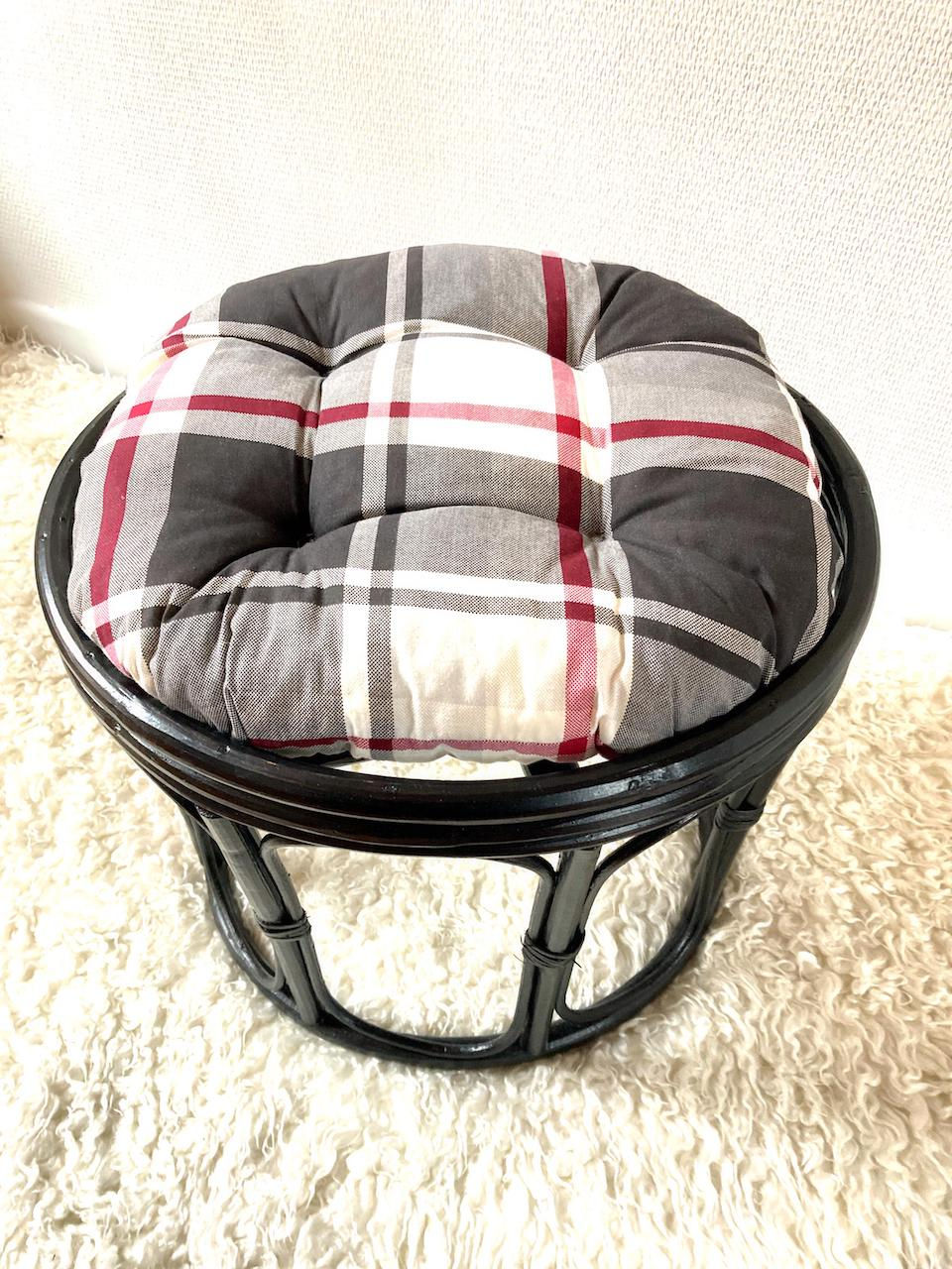 Miniature : Pouf en bambou années 60 repeint noir coussin carré tartan