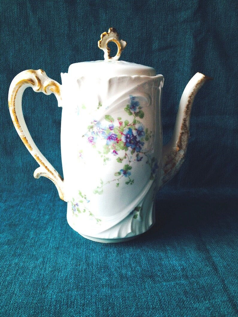 Miniature : Service à thé Limoges fin 19ème déb 20ème fleurs bleues anses or roc 10 tasses