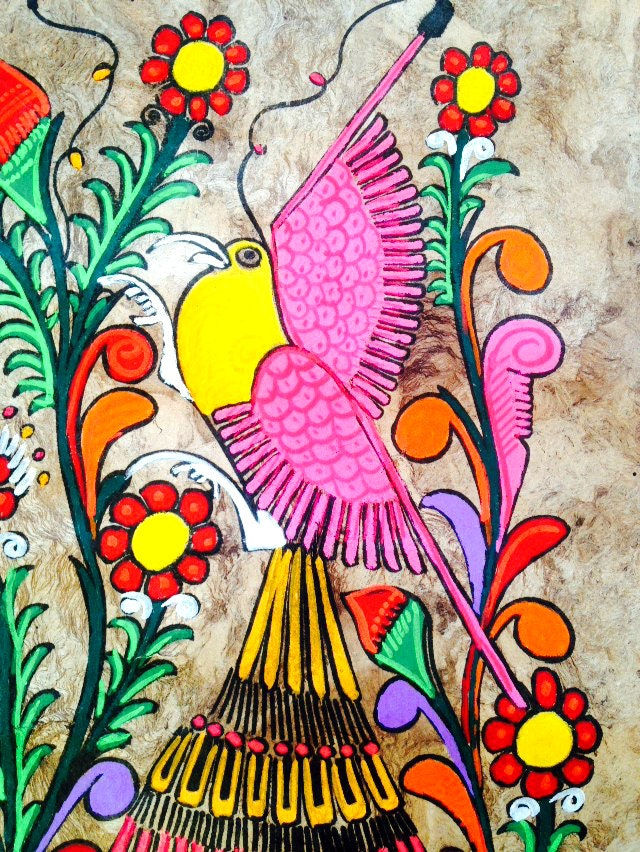 Miniature : Tableau Maya Art mexicain, Chiapas, palenque, peinture, dessin, oiseaux, cactus