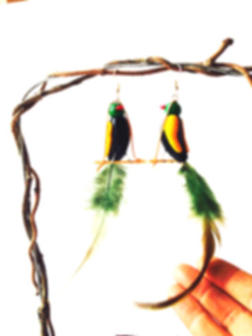 branche avec boucles d'oreilles oiseaux de paradis verts