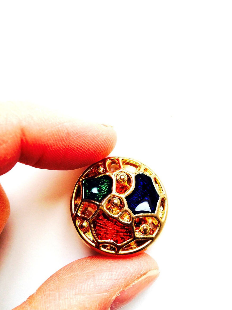 Miniature : Bouton vintage Fantaisie Tricolore, doré, rouge bleu vert en plastique