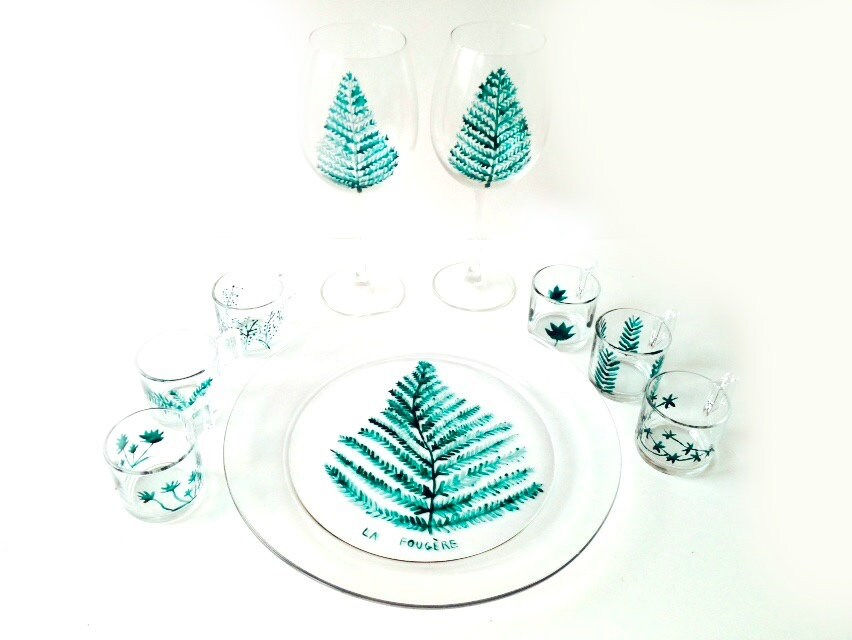 Service FERN grande fougère peinte à la main sur verre, création SophieLDesign