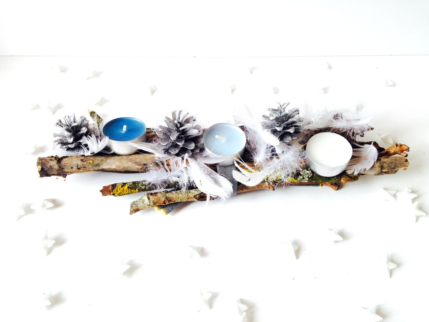 Centre de table RONDINS naturels bois et plumes, bleu