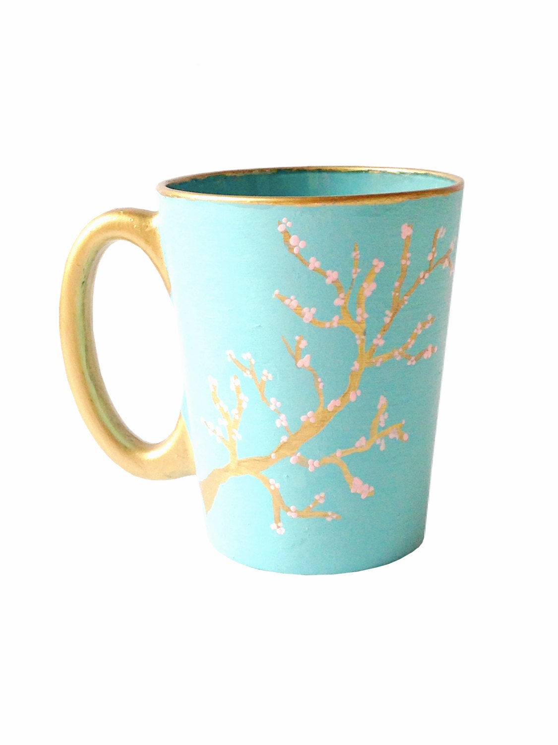 Mug FLEUR DE CERISIER en verre peint menthe or et rose
