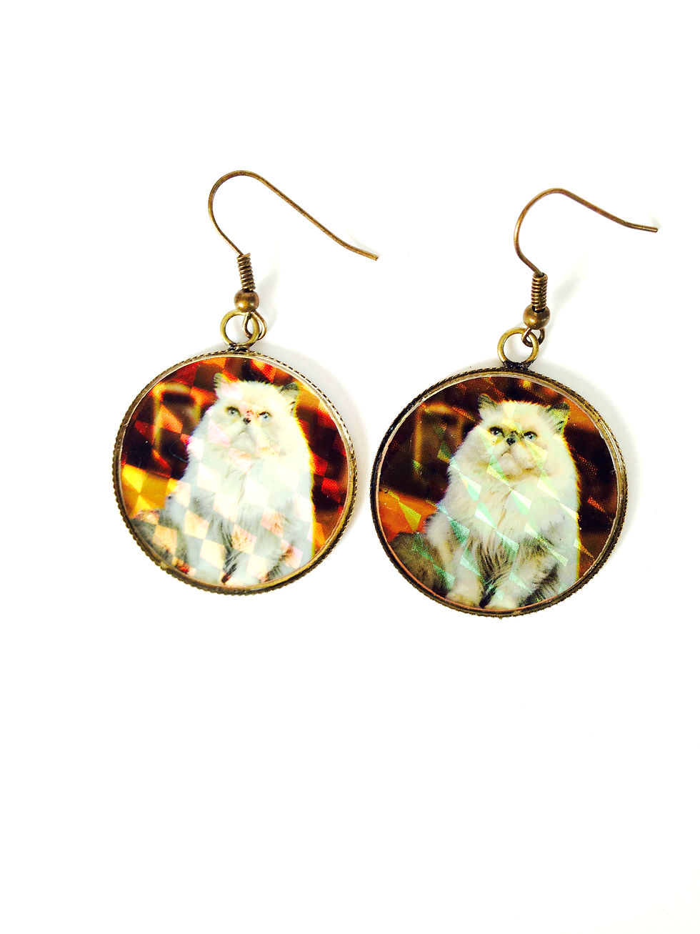 boucles d'oreilles couleur bronze medaillon avec photo de chat blanc angora