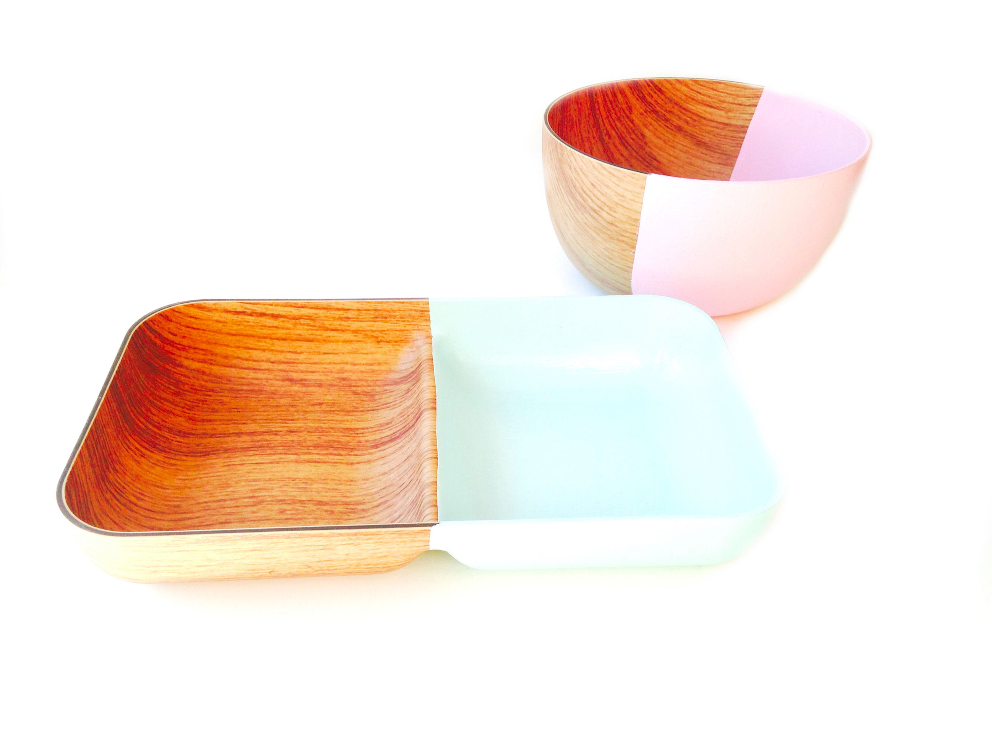 Coupelles imitation bois restylées PASTEL NATURE menthe et rose