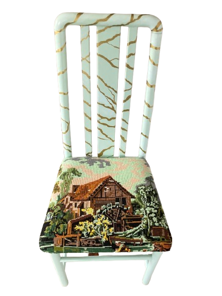 Miniature : Chaise recyclée LE MOULIN tapisserie point de croix François Boucher