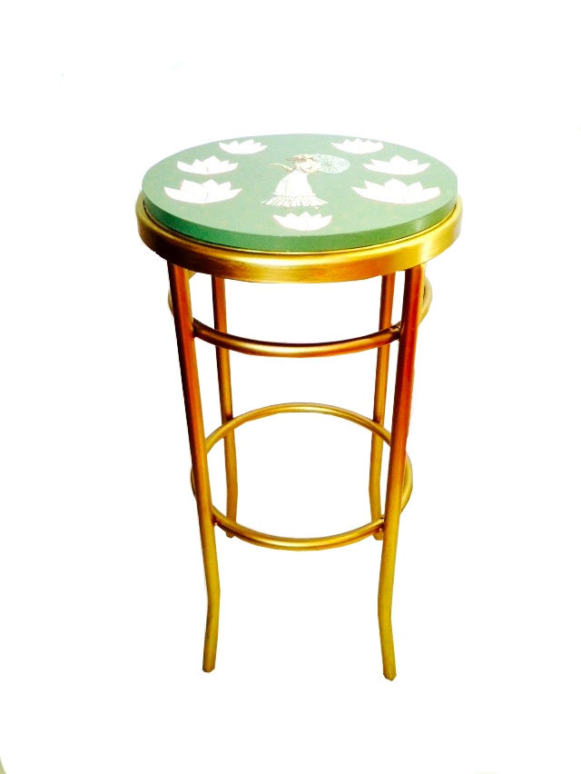 Tabouret de bar PRINTEMPS peint à la main, doré et vert kaki, SophieLDesign