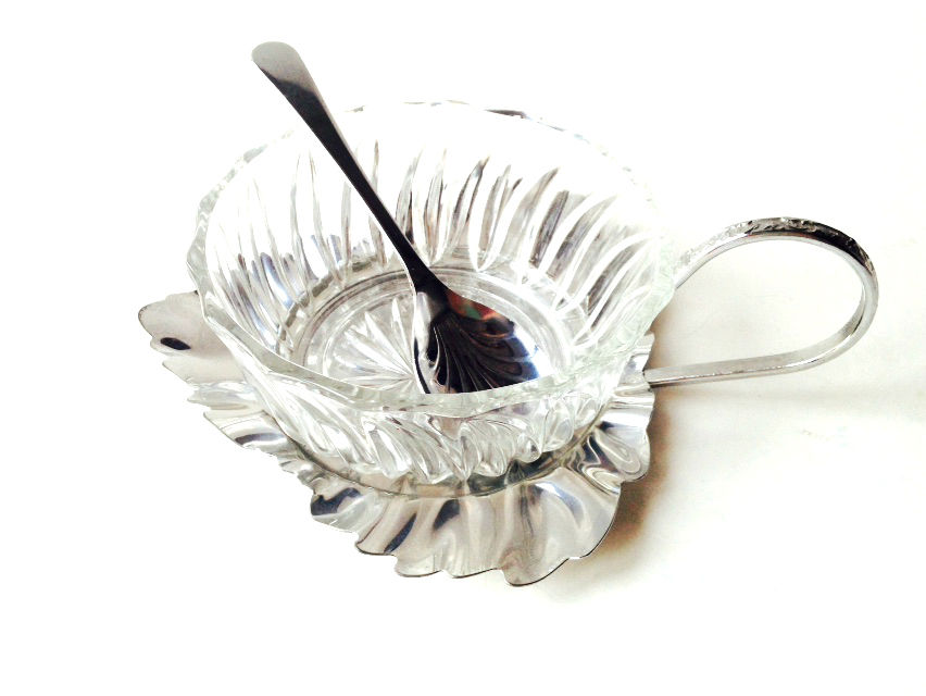 Miniature : Sucrier feuille inox et verre vintage avec belle cuiller 