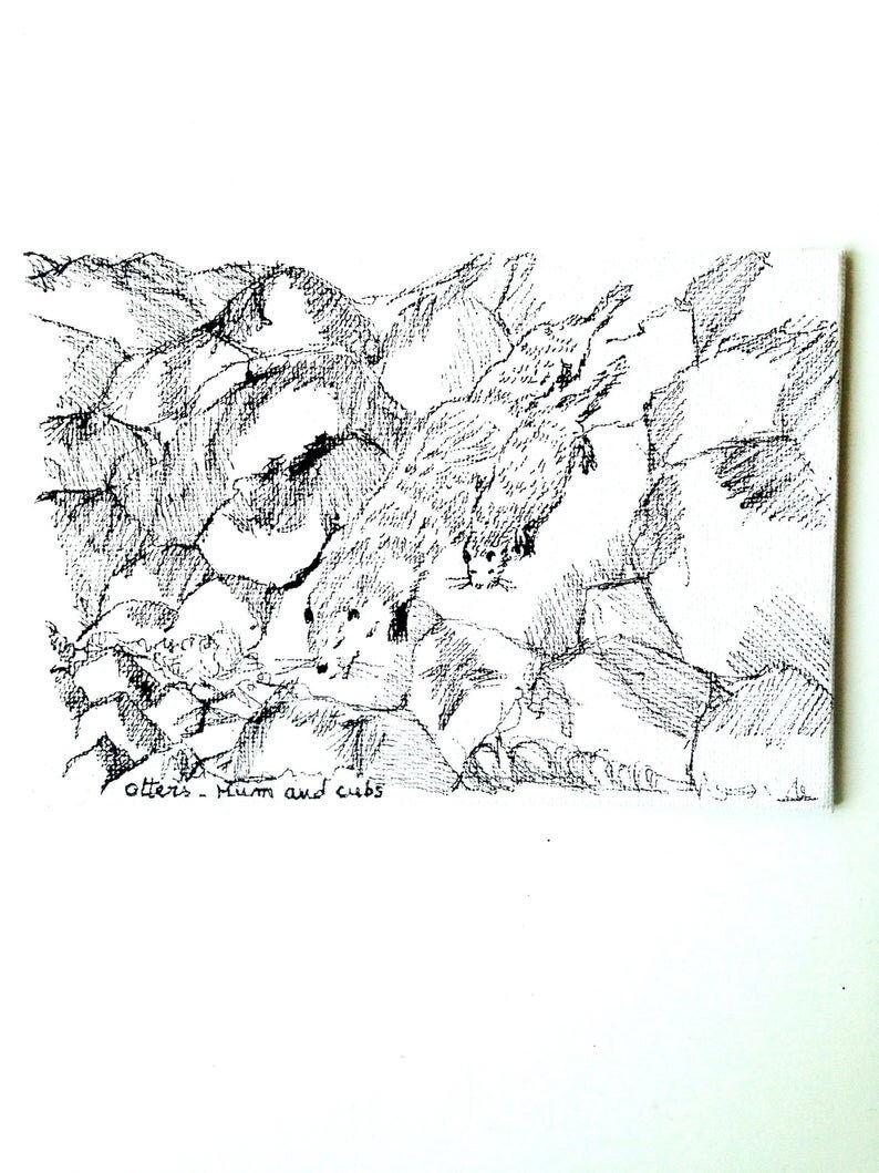 Thumbnail: Carte postale tableau dessin Maman Loutre des ÎLES SHETLANDS encre su