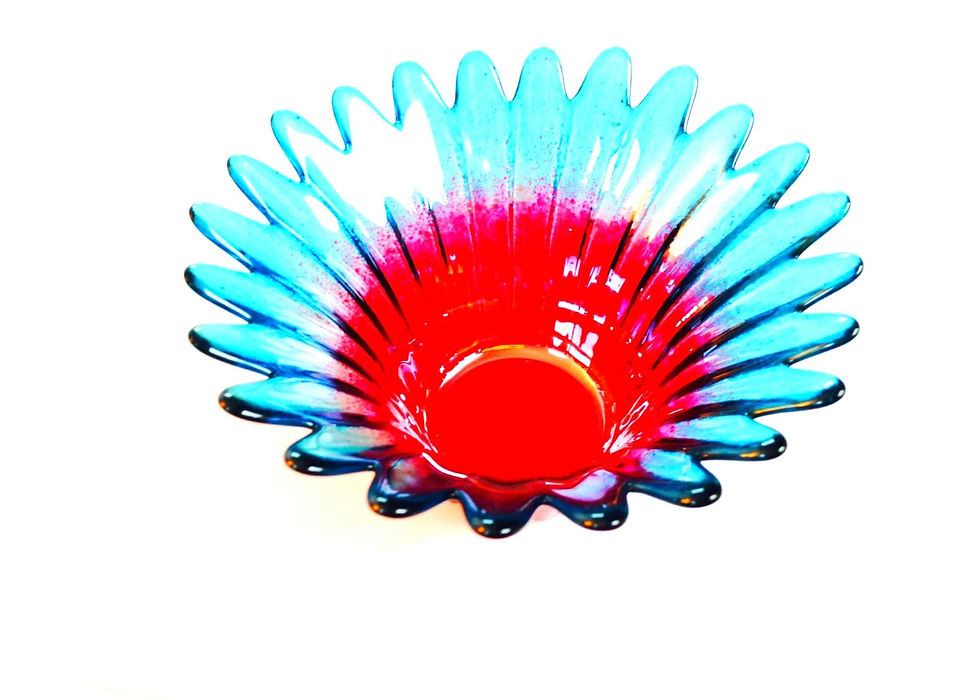 Miniature : Coupelle à dessert corolle bleue turquoise et rouge, en verre