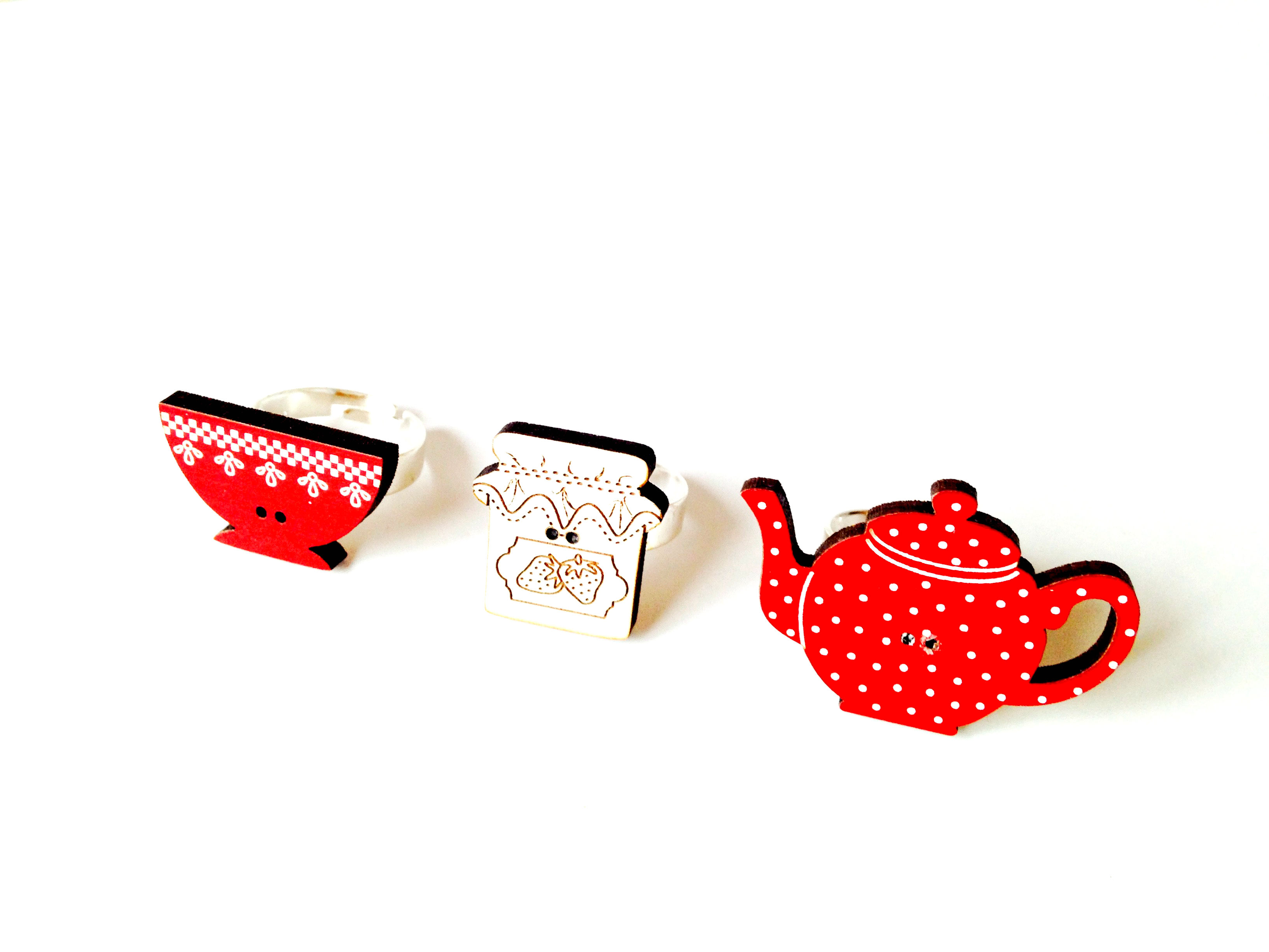 Bague triple PETIT DÉJEUNER theière bol et confiture rouge à pois