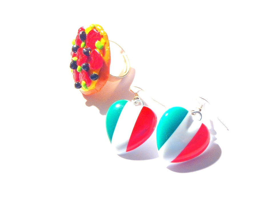 Thumbnail: Pizza ring and Italian flag heart shaped dangle earrings