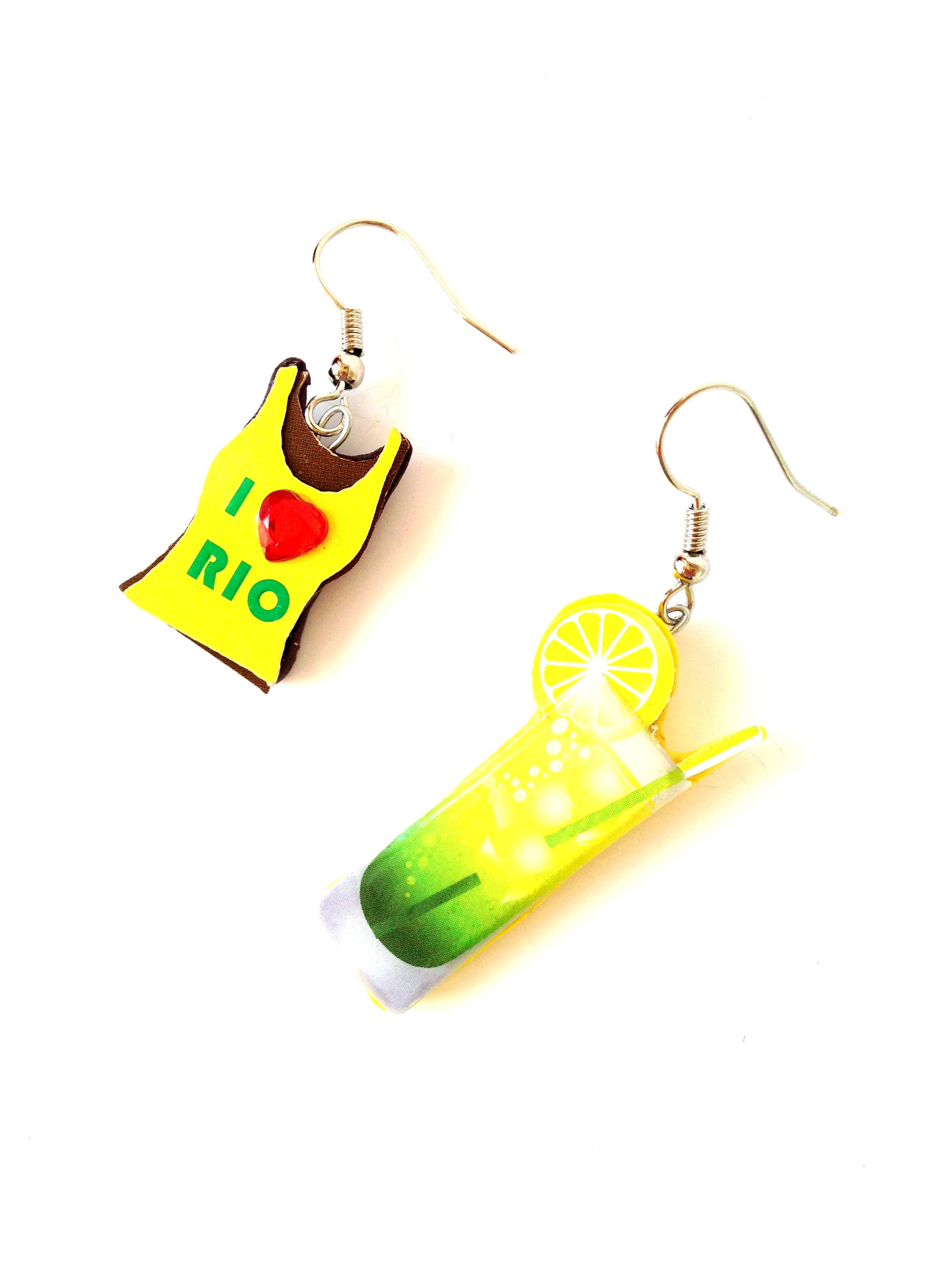 Boucles d'oreilles I LOVE RIO, cocktail caipirinha et T SHIRT jaune vert