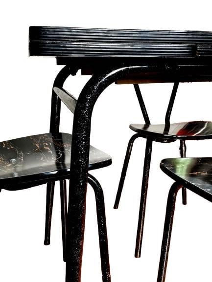 Miniature : Table 4 chaises formica marbré noir QUASAR pieds scintillants