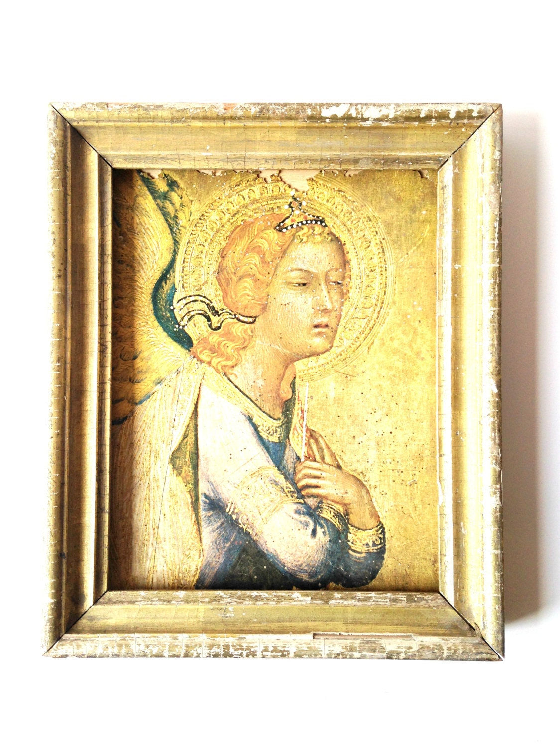 ICÔNE Tableau représentant l'ange Gabriel, tons dorés, bleus, reproduction.