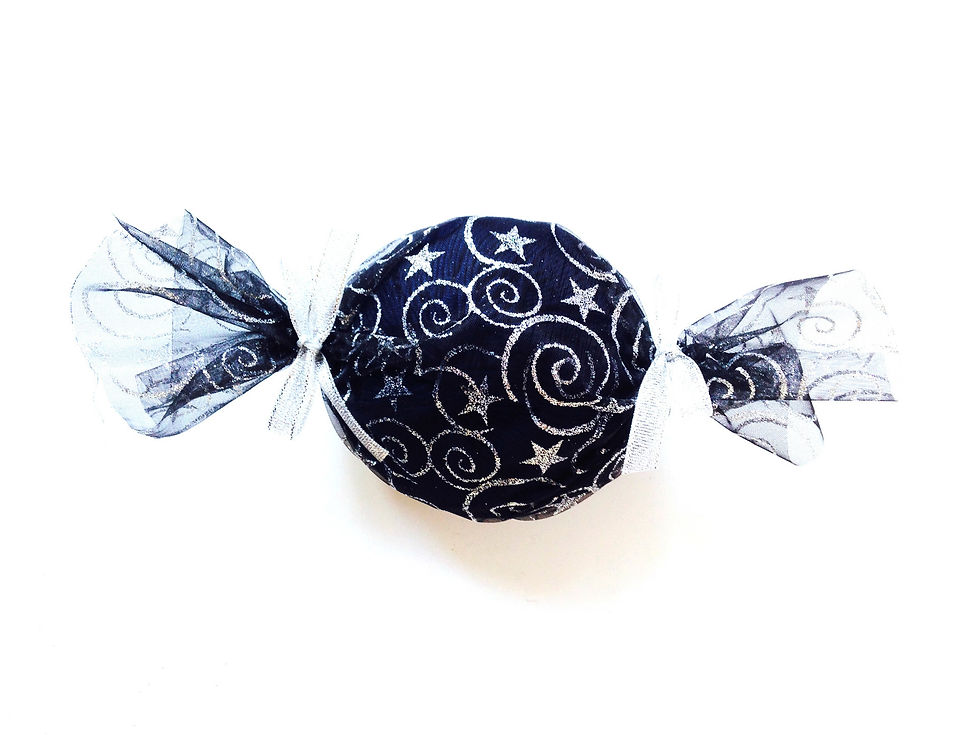 Miniature : bonbon creatif pelote de coton voile noir dessins argente rubans paillete