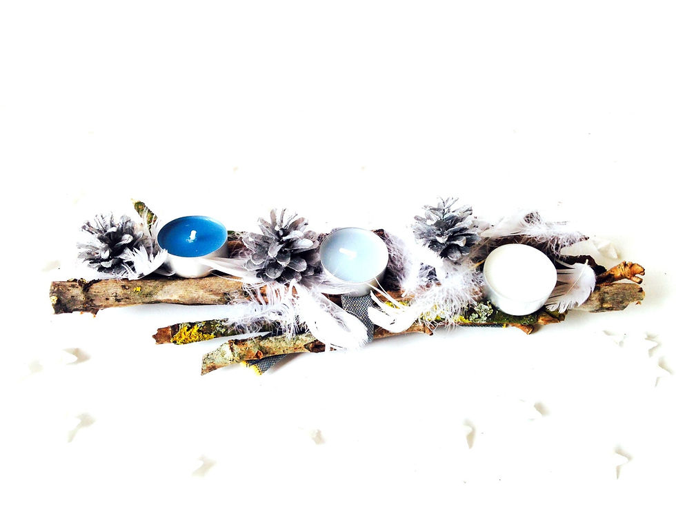 Miniature : Centre de table RONDINS naturels bois et plumes, bleu