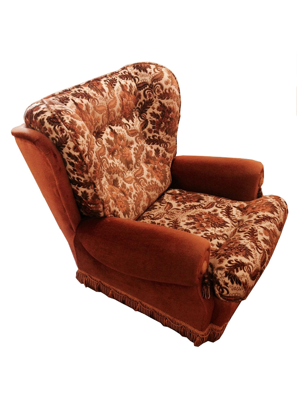 Miniature : Fauteuil REVIVAL années 60-70 motifs marrons base caramel large dossier vintage