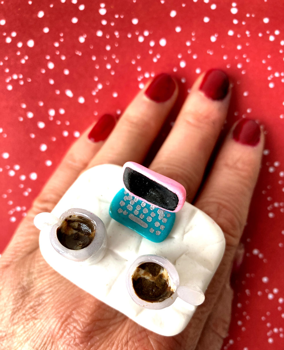 Thumbnail: Handmade ski ring with mini mugs and duvet miniature computer by The Sausage Jewels