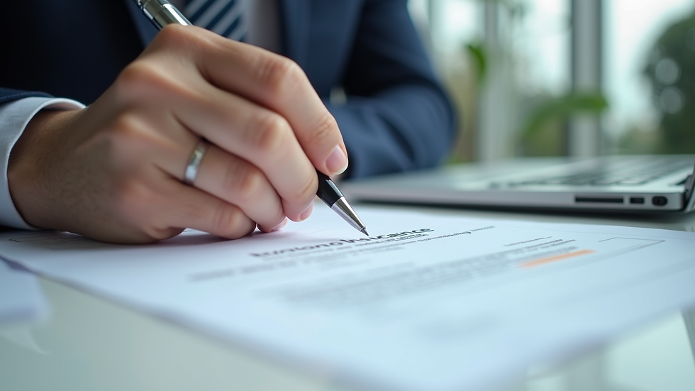 Close-up view of a person reviewing insurance documents with a pen