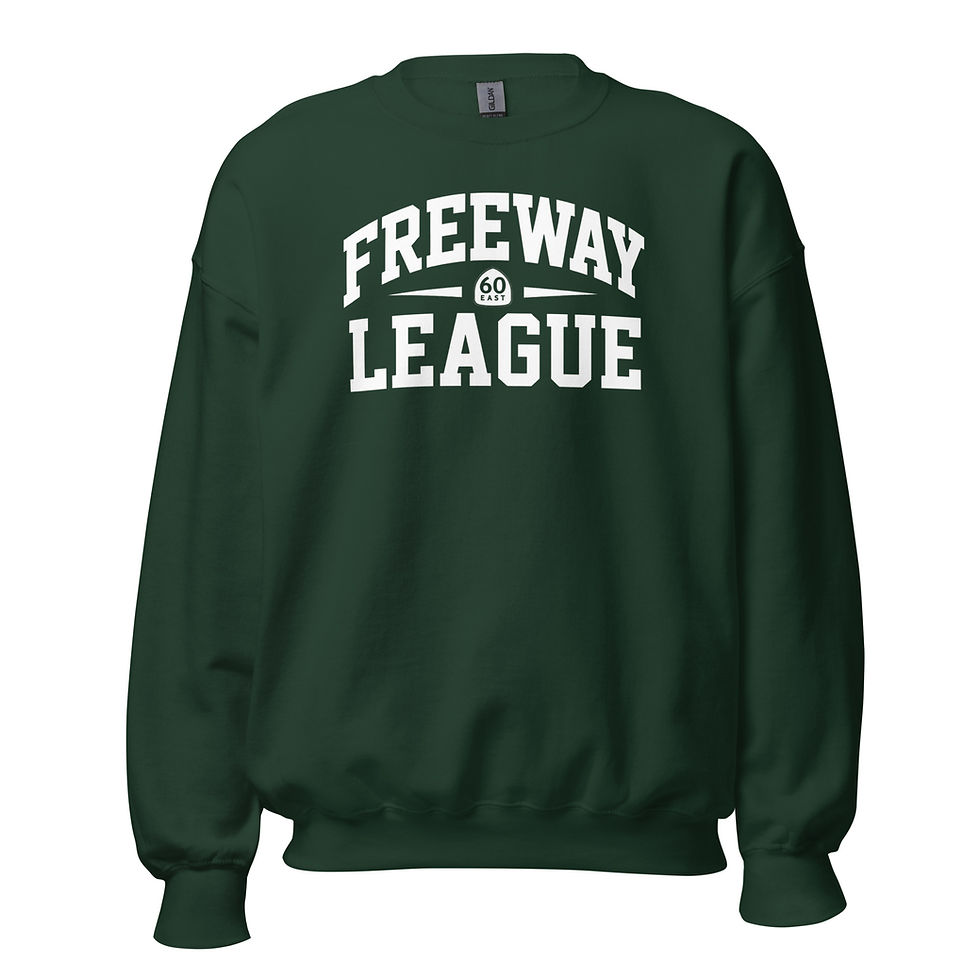 Thumbnail: Hunter Green Freeway League 60 crewneck sweatshirt featuring a bold white collegiate-style Freeway League graphic