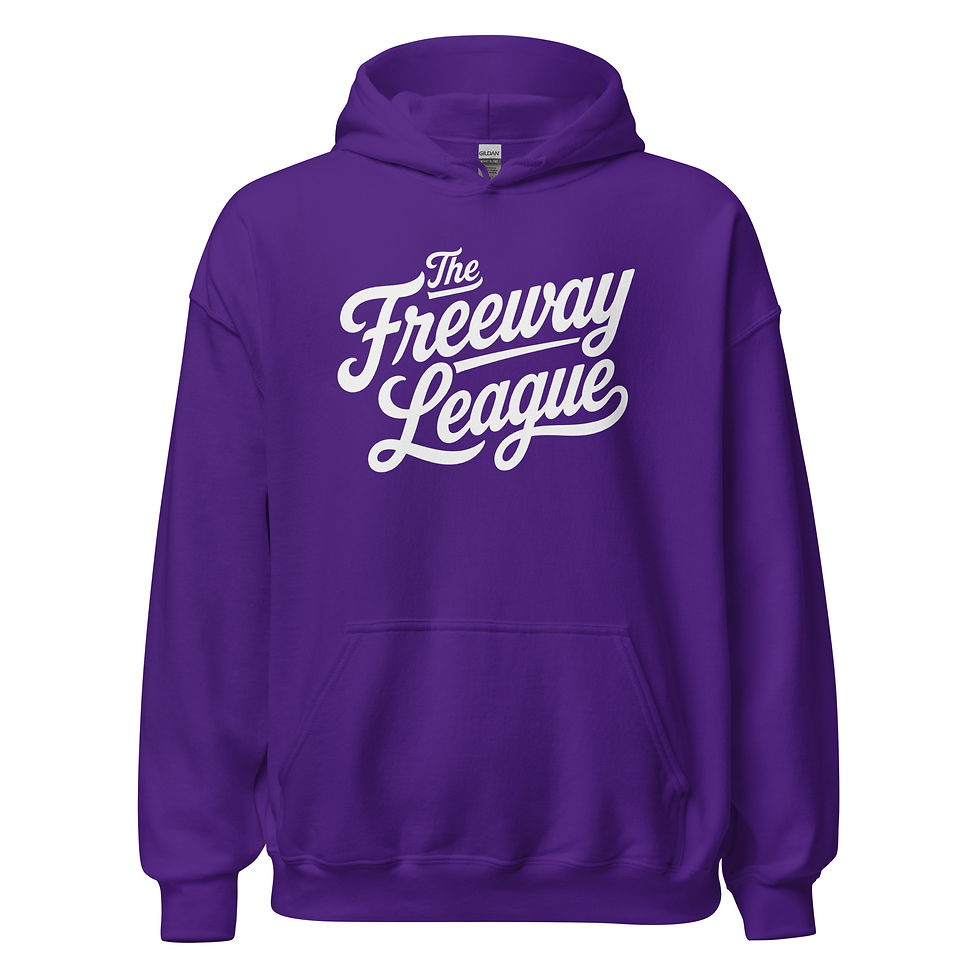 Thumbnail: Purple pullover hoodie featuring a large white vintage-inspired "The Freeway League" script graphic centered across the chest