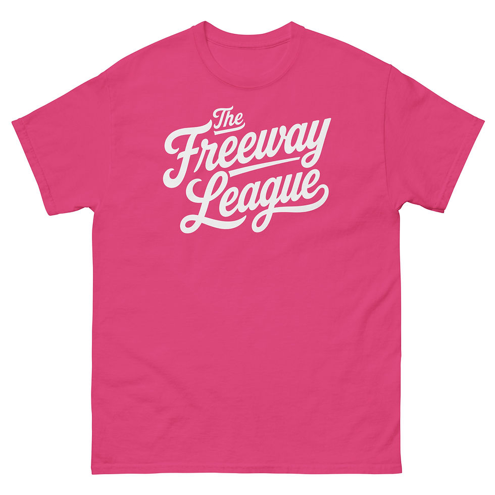 Thumbnail: Pink T-shirt featuring a large white vintage-inspired "The Freeway League" script graphic centered across the chest