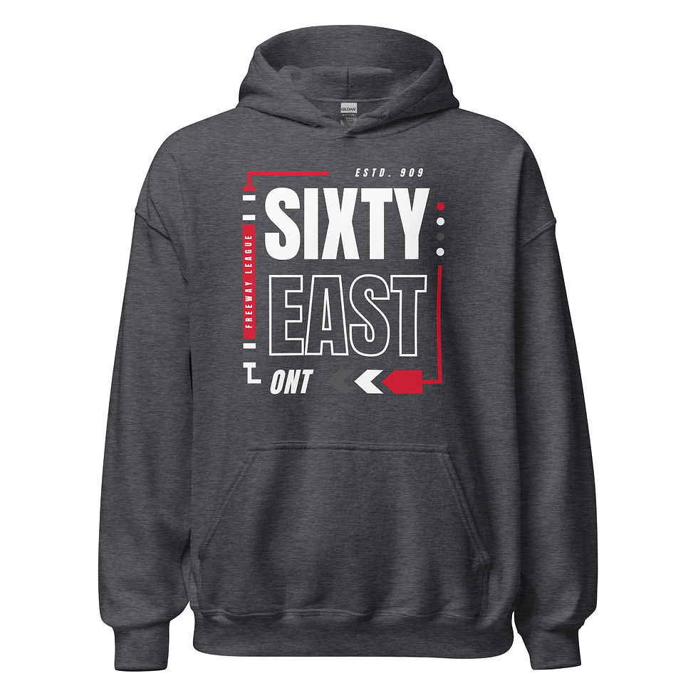 Thumbnail: Charcoal Sixty East Freeway League pullover hoodie featuring a bold white, gray, and red "SIXTY EAST ESTD. 909" graphic