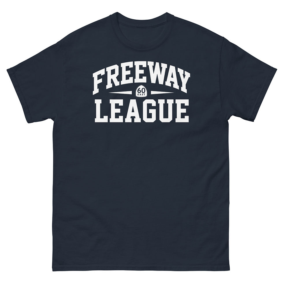Thumbnail: Navy Blue Freeway League 60 T-shirt featuring a bold white collegiate-style Freeway League graphic with the signature logo