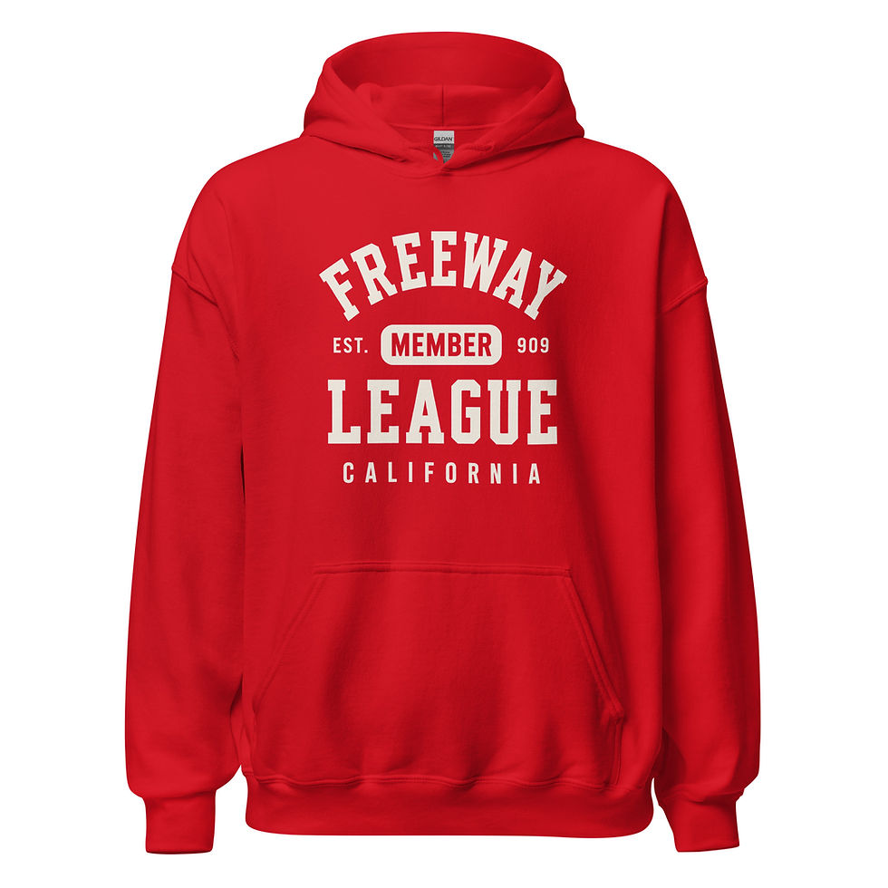 Red Freeway League Member hoodie featuring a white varsity-style collegiate graphic with Freeway League