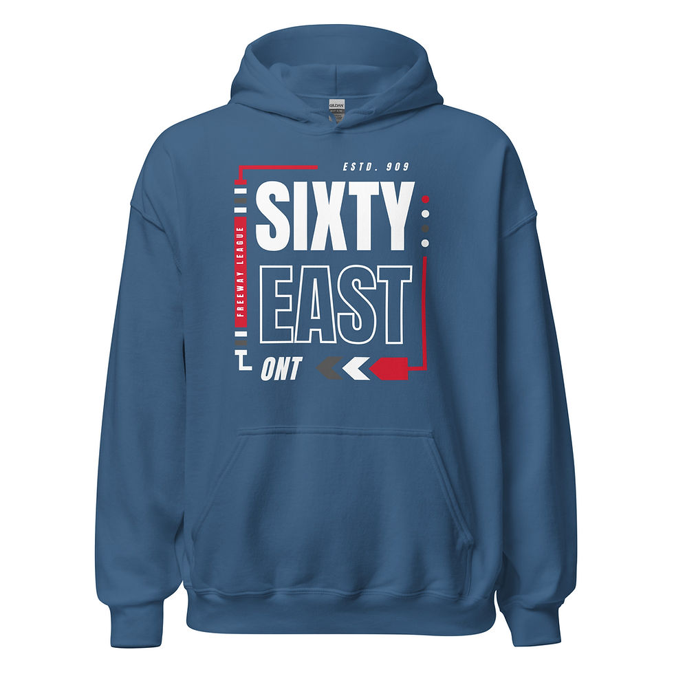 Thumbnail: Sky Blue Sixty East Freeway League pullover hoodie featuring a bold white, gray, and red "SIXTY EAST ESTD. 909" graphic