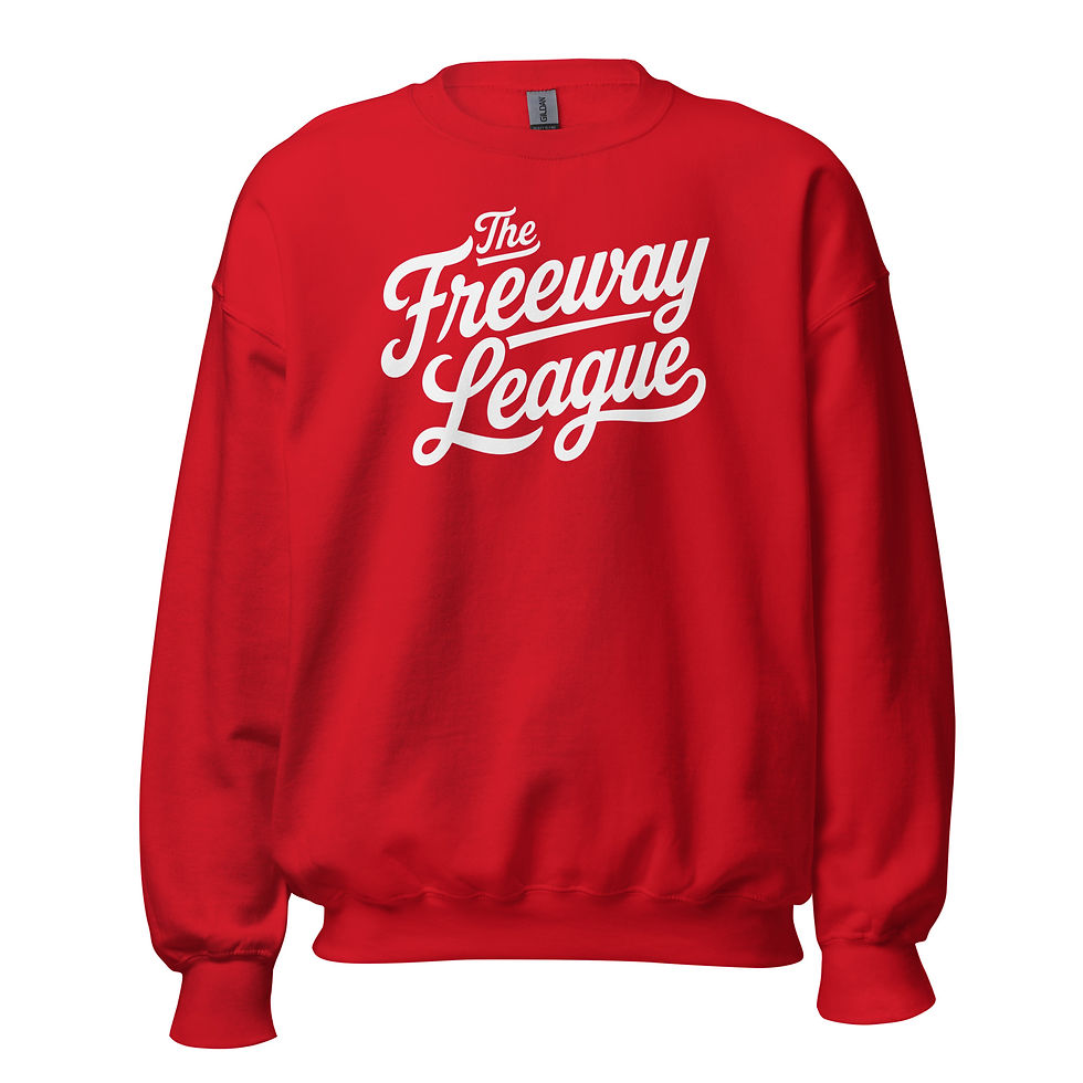 Thumbnail: Red crewneck sweatshirt featuring a large white vintage-inspired "The Freeway League" script graphic centered on chest