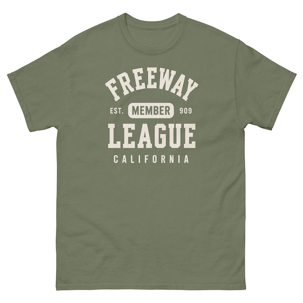 Thumbnail: Camo Green Freeway League Member T-Shirt featuring a white varsity-style collegiate graphic with Freeway League