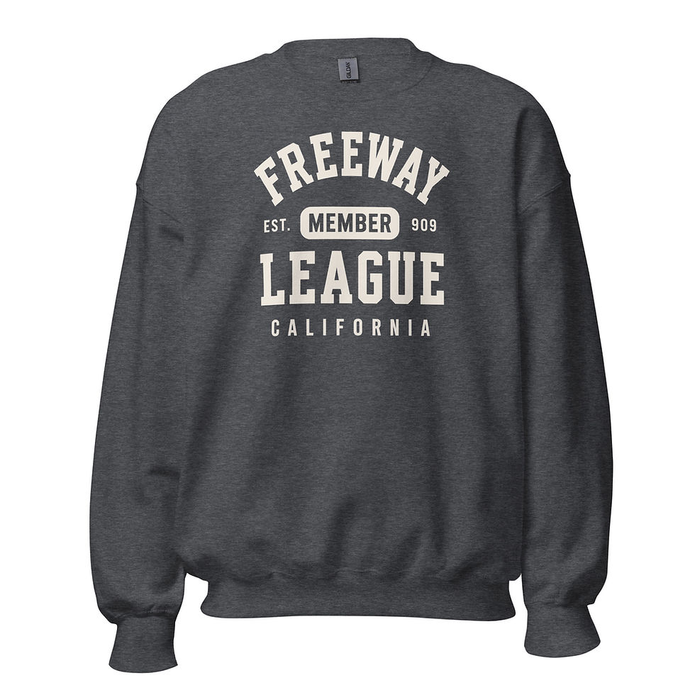Charcoal Freeway League Member crewneck sweatshirt featuring a white varsity-style collegiate graphic with Freeway League