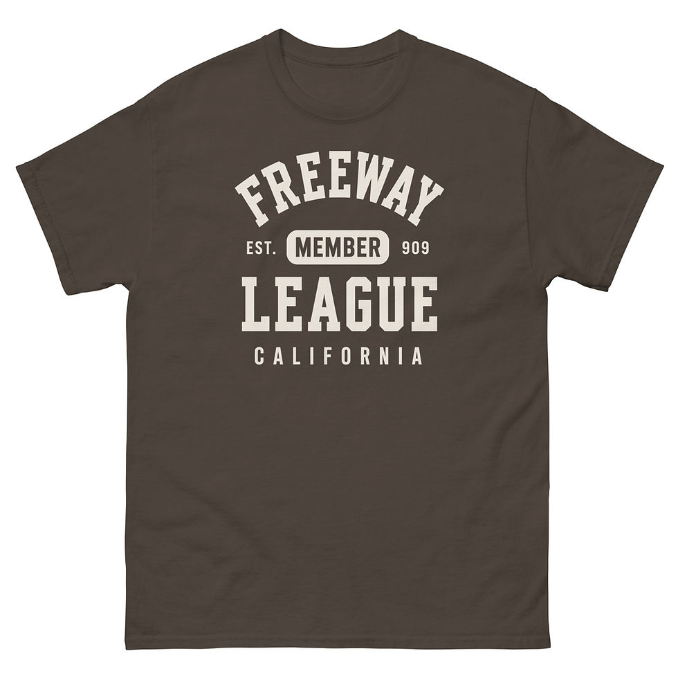 Thumbnail: Brown Freeway League Member T-Shirt featuring a white varsity-style collegiate graphic with "Freeway League,"
