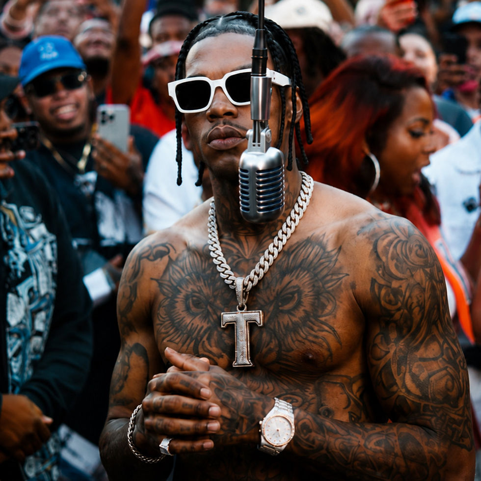 Tray Five stands shirtless in front of a vintage microphone wearing white sunglasses and a large "T" chain while performing before a crowd. His tattoo-covered chest and confident expression capture the energy and bold style that define his emerging presence in hip-hop.