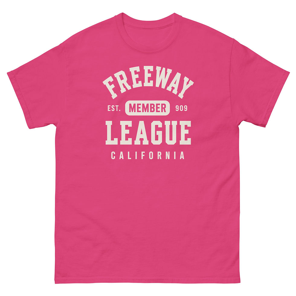 Thumbnail: Pink Freeway League Member T-Shirt featuring a white varsity-style collegiate graphic with "Freeway League,"