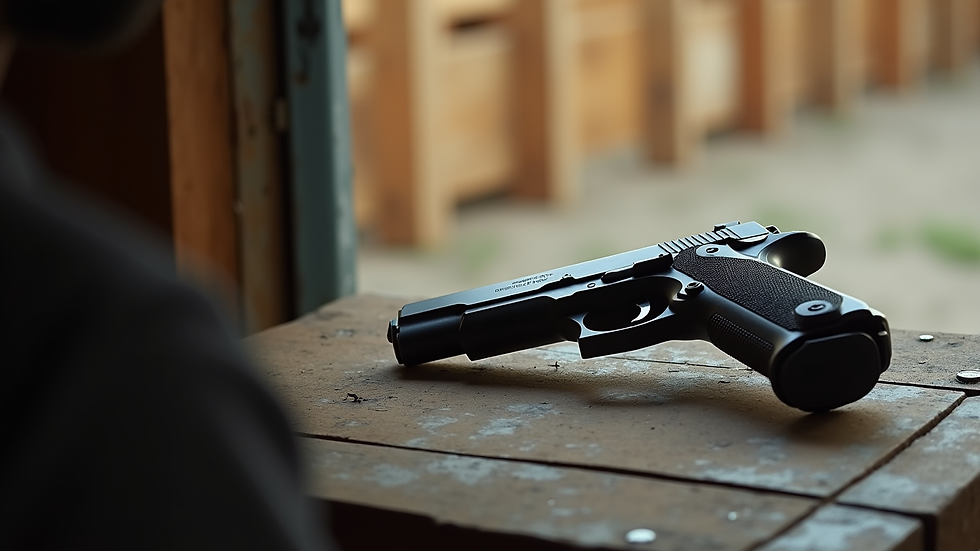 Close-up view of a pistol on a shooting bench at a range