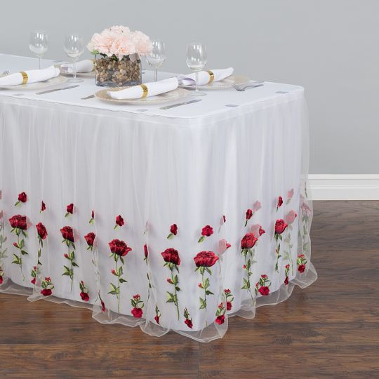 • 14 ft. Red Rose Embroidered Tulle Table Skirt White
