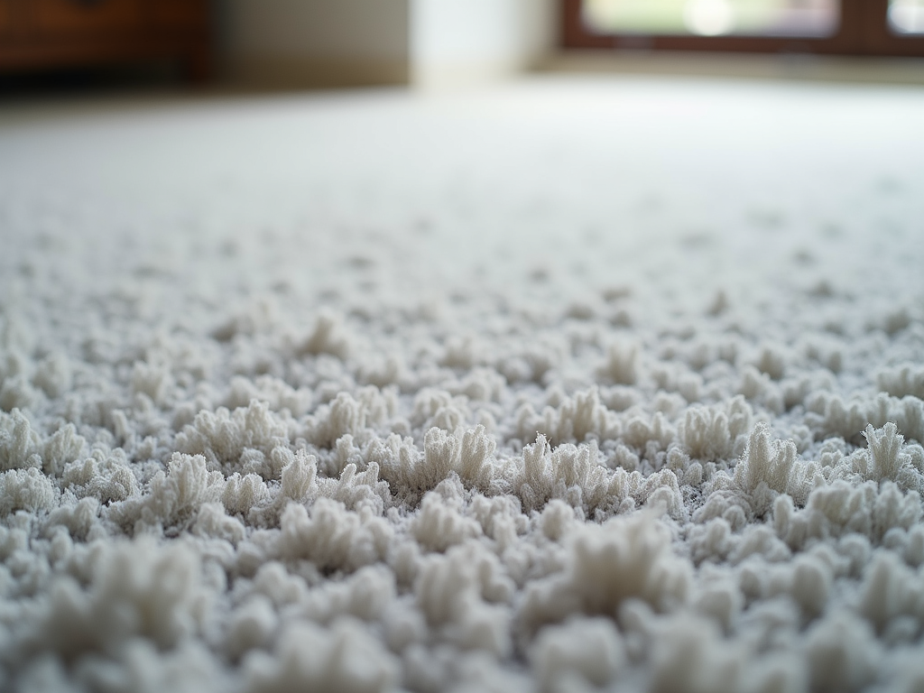 A close-up shot of a freshly steam-cleaned light grey carpet showing a soft and revitalised plush texture.