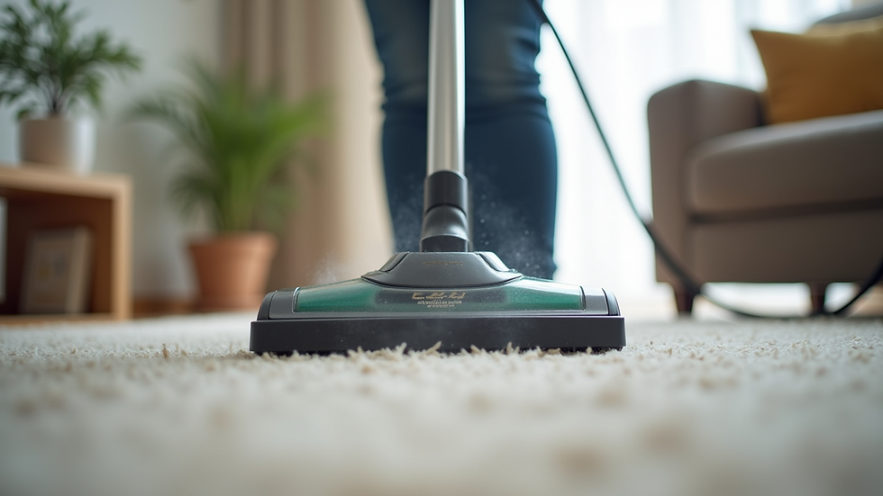 Close-up view of a cleaning machine steaming a carpet in a residential living room