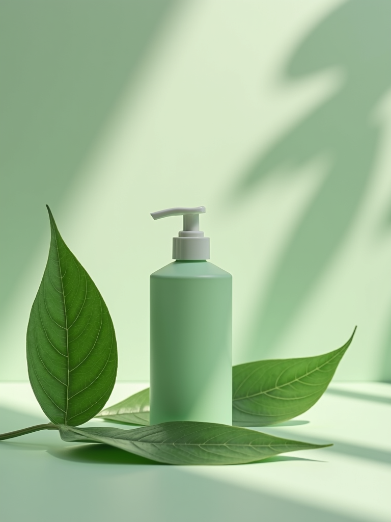 A symbolic representation of eco-friendly cleaning with a soft green leaf next to a clean spray bottle.