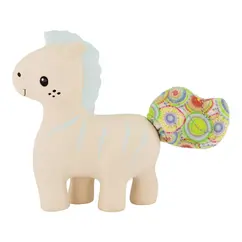 Toy zebra teether with a cute smiling face, light blue mane and stripes, and colorful patterned fabric tail 