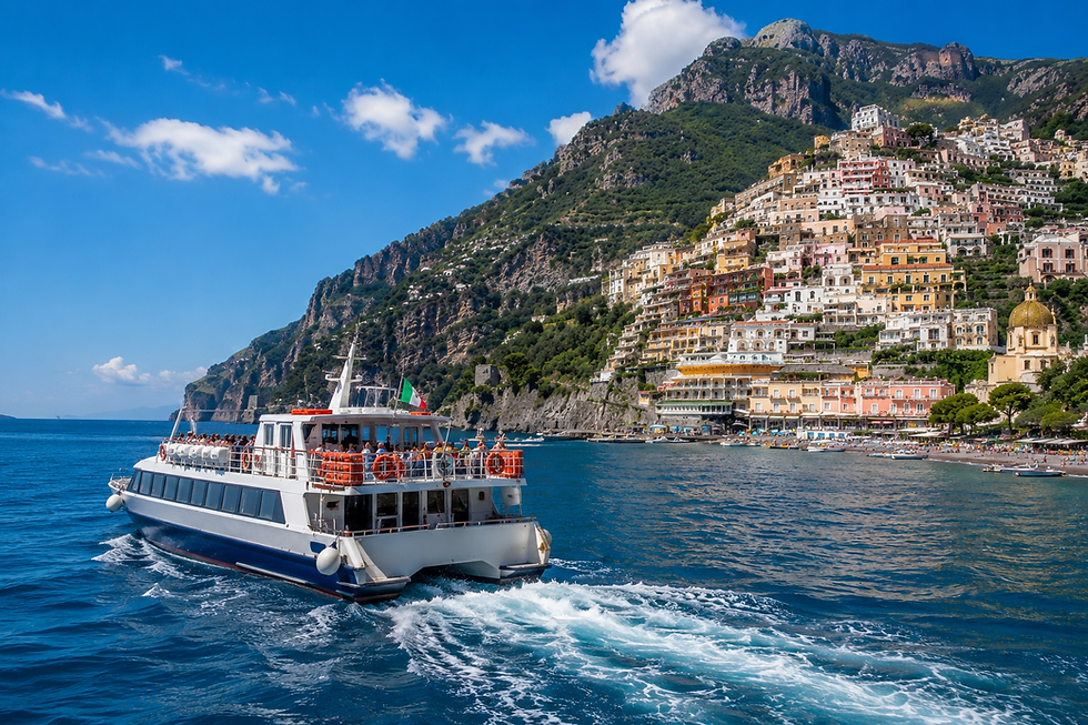 Barco turístico en mar azul frente a Positano, con casas de colores en la ladera y montañas bajo cielo despejado.