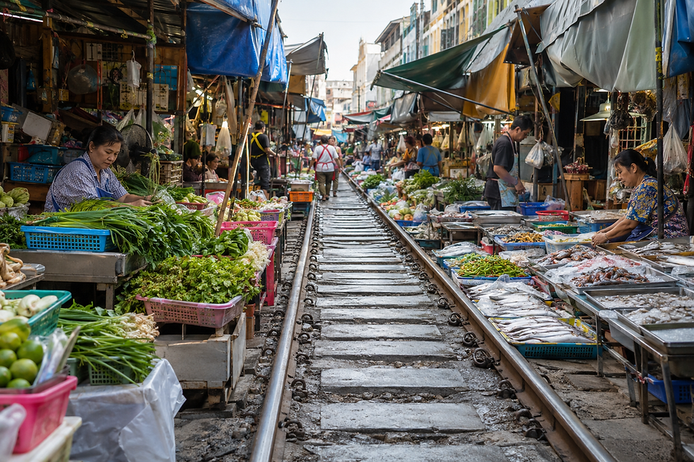 Mercado callejero junto a vías del tren, vendedoras con verduras y pescado bajo toldos coloridos.