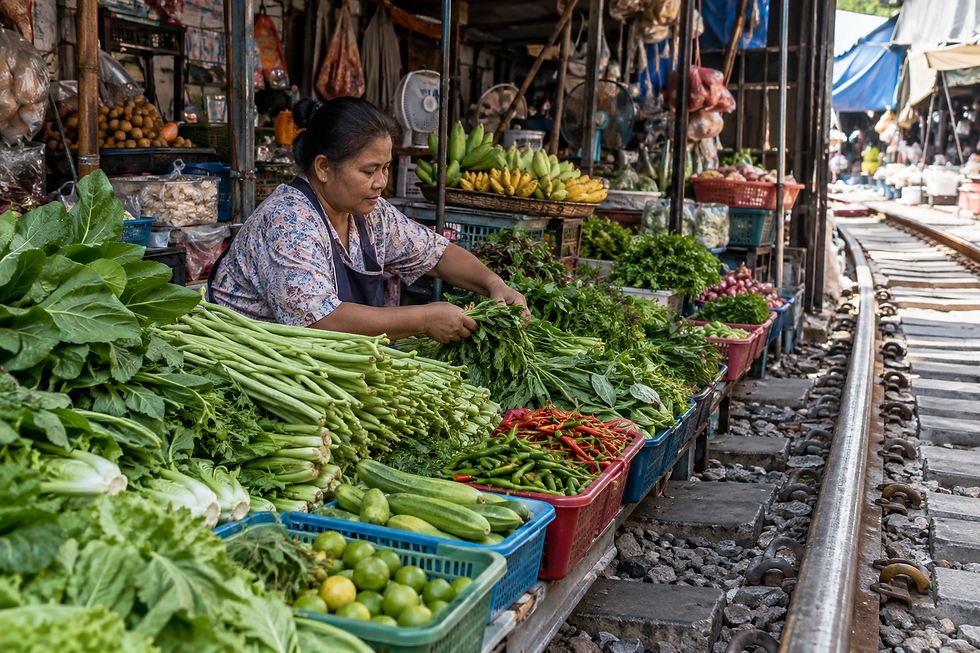 Vendedora selecciona verduras frescas en un mercado junto a las vías del tren, con plátanos, chiles y limas de colores.