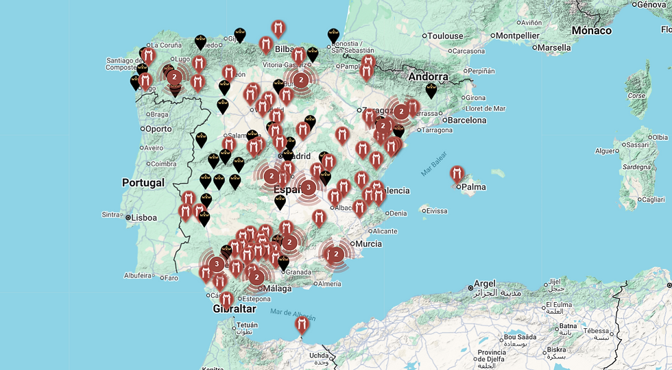 Mapa de España y Portugal con muchos marcadores rojos y negros; aparecen Madrid, Barcelona, Valencia y Andalucía.